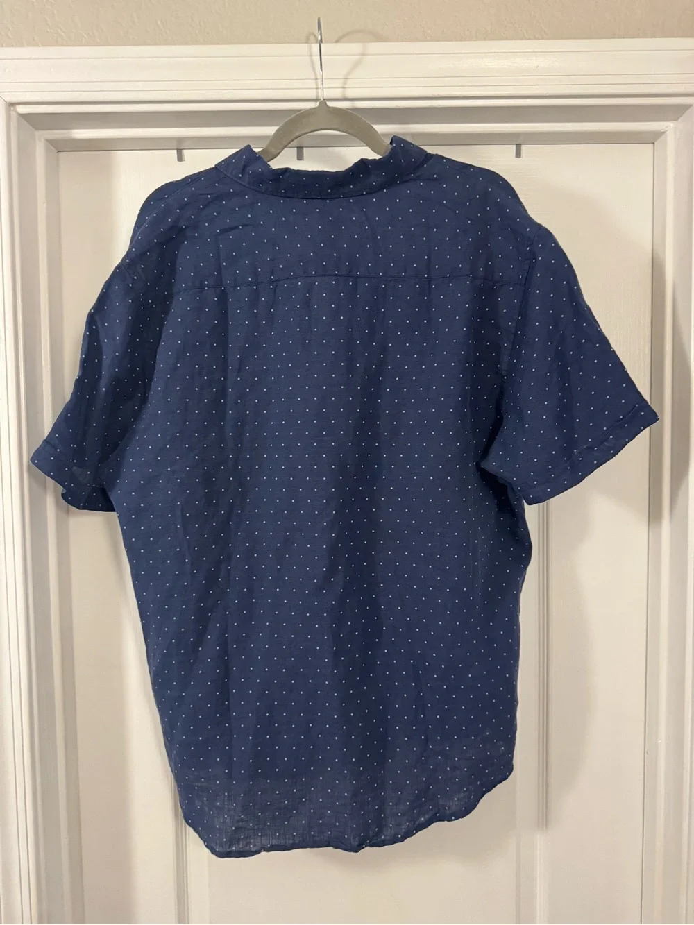 Denim & Flower 100% Linen Navy Short-Sleeve Dot Button-Down Shirt